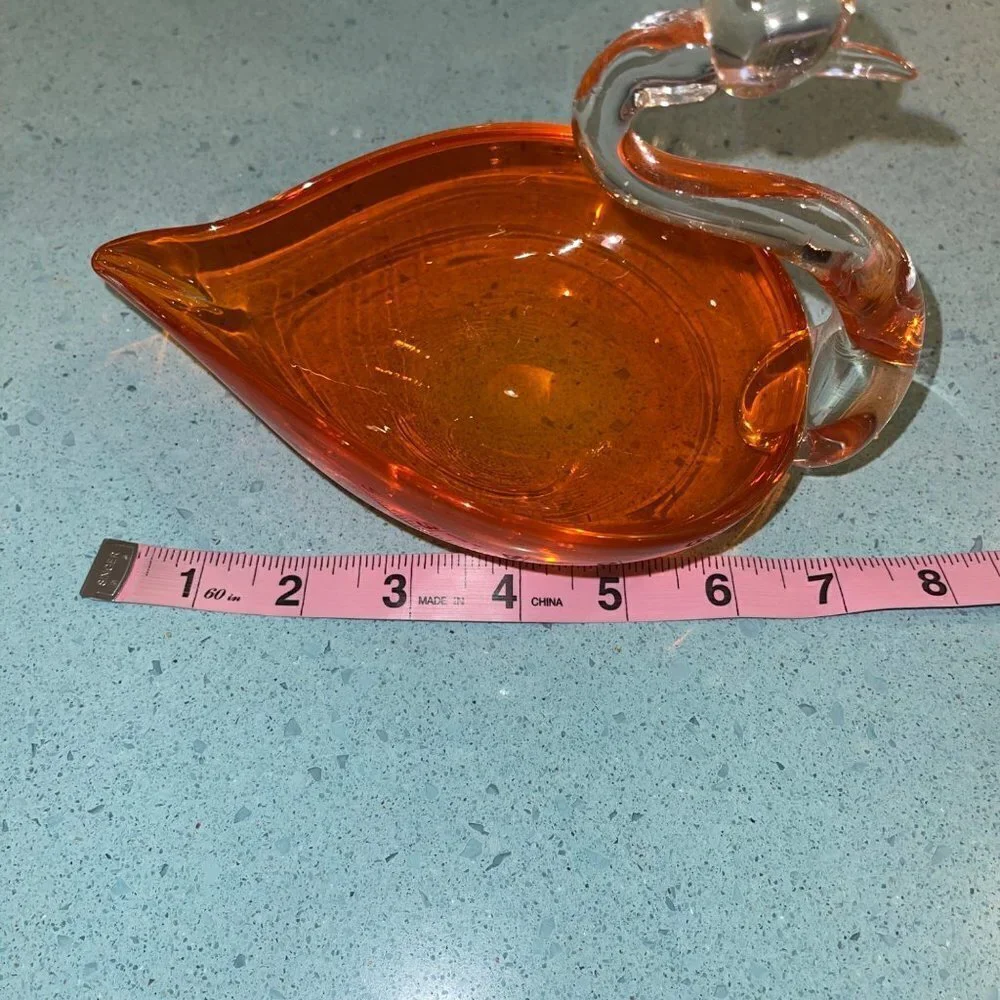 Art Glass MCM Orange Clear Glass Swan Ashtray - Picture 7 of 10